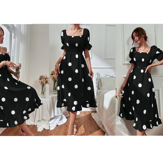 Dress with puff sleeves, ruffled hem and dotted print, black and white