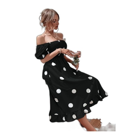 Dress with puff sleeves, ruffled hem and dotted print, black and white