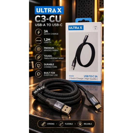 كابل شحن ULTRA X C3-CU - USB-A to USB-C - شحن سريع 3A - طول 1.2 متر